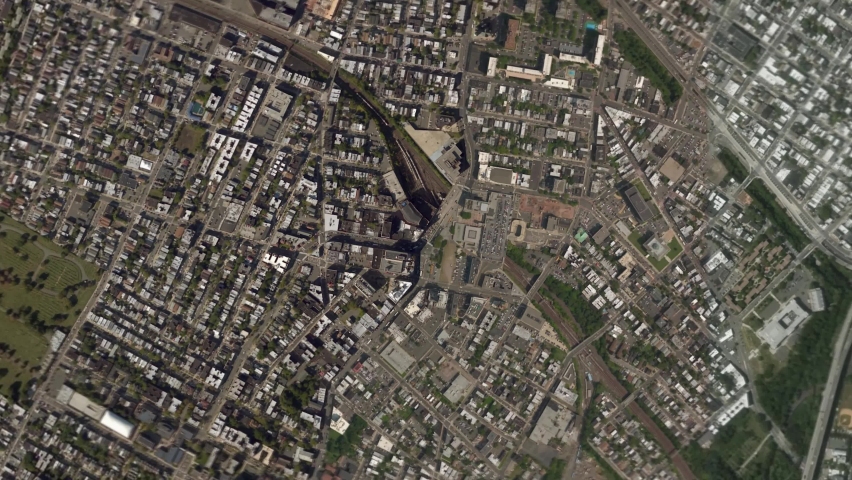 Earth zoom in from space and focus on Jersey City, New Jersey, USA. The animation continues by zoom out through clouds and atmosphere into space. Background for travel intro.