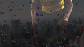 Animation of falling confetti over american football player. global sports and competition concept digitally generated video.