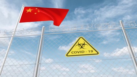The covid 19 virus that came to the Wuhan border and passed to the Chinese. The Chinese flag, which is waving and located on the border, is in focus.