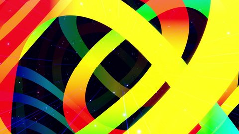 Motion graphic abstract colorful looped bg modern art, fly in art space, multilayer structure with pattern, glow particles and lines. Ornamental texture rainbow gradient color. Motion design vj loop.