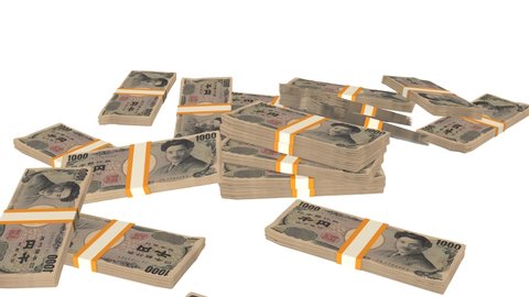 Many wads of money falling on table. 1000 Japanese Yen banknotes. Stacks of money. Financial and business concept. 