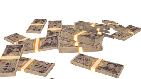 Many wads of money falling on table. 5000 Japanese Yen banknotes. Stacks of money. Financial and business concept.