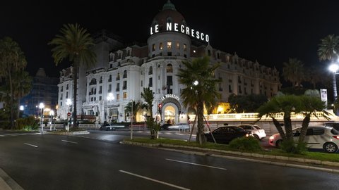 Nice, France, Timelapse - The Negresco palace beside the Promenade des Anglais in Nice at night