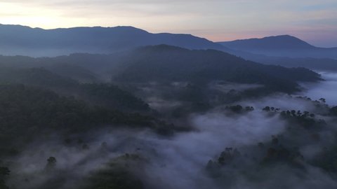 Aerial view of sunrise with fog in Ranong Thailand
