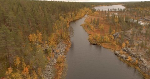 Aerial view of backwater of Kurkkiosuvanto in autumn at Kittilä, Lapland, Finland.