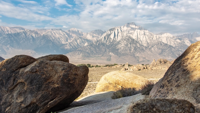 Slider timelapse of Mount Whitney in the Alabama hills with rocks in the foreground. Royalty-Free Stock Footage #1089253201