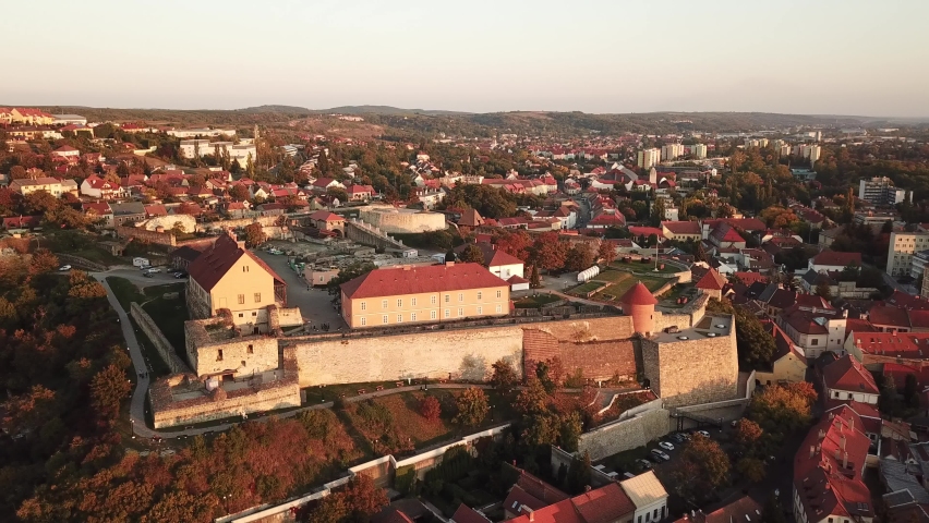 Cinematic 4K aerial drone orbit shot of the Castle of Eger in the city of Eger, major tourist destination in Northern Hungary, capital of Heves county