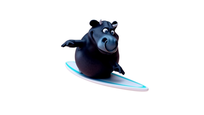 Fun 3D cartoon bull surfing