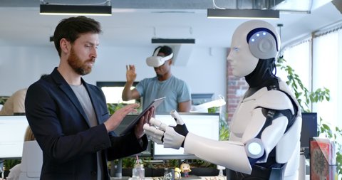 Man Programming Robot Tablet Computer Hands Stock Footage Video (100% ...