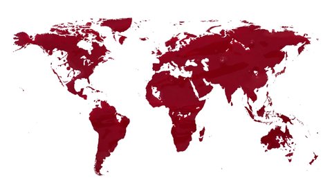 Blood drop splatter makes a world map.
Drops of blood land on a white background eventually filling in an outline world map.