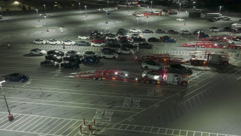 Tesla factory, Fremont, USA. Feb. 2022. Aerial view over the sedans using innovative battery technologies. Largest auto plant in North America, producing EV cars. High quality 4k footage