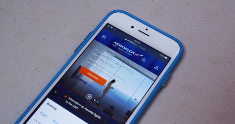 Kumamoto, JAPAN - Mar 1 2022 : The website of Aeroflot (PJSC Aeroflot – Russian Airlines), the flag carrier and largest airline of the Russian Federation, on its website on the iPhone.