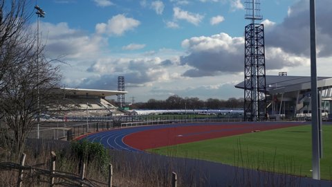 BIRMINGHAM, UK - 2022: Low aerial view of Birmingham 2022 main stadium the Alexander stadium venue