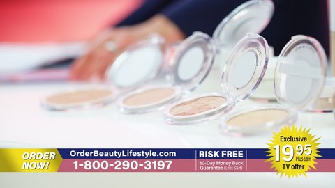 TV Shop Beauty Show Infomercial: Close-up Selection of Organic Blush Foundation Palettes, Present Best Products, Cosmetics. Playback Television Commercial Advertisement. Internet Social Media Channel