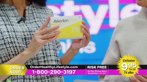 TV Shop Expert Showcasing Product Infomercial: Professional Presents Package with Health Care Medical Vitamin Supplements. Playback Television Commercial Advertisement Program on Cable Channel Program