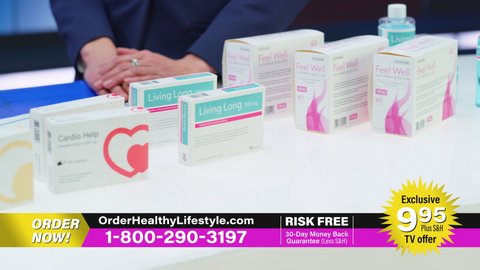 TV Shop Product Infomercial: Professionals Present Package Boxes with Health Care Medical Supplements. Showcasing Beauty Dietary Vitamin Products. Playback Television Commercial Advertisement