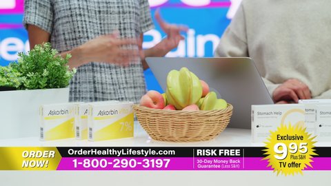 TV Show Product Infomercial: Professionals Present Package Boxes with Health Care Medical Supplements. Showcasing Beauty Vitamins. Playback Television Commercial Advertisement Program on Cable Channel