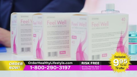 TV Show Product Infomercial: Professionals Present Package Boxes with Health Care Medical Supplements. Showcasing Beauty Dietary Vitamin Products. Playback Television Commercial Advertisement Program