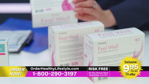 TV Show Product Infomercial: Mock-up Package Box with Health Care Medical Supplements. Showcasing Beauty Dietary Vitamin Products. Playback Television Commercial Advertisement. High Angle Pack Focus