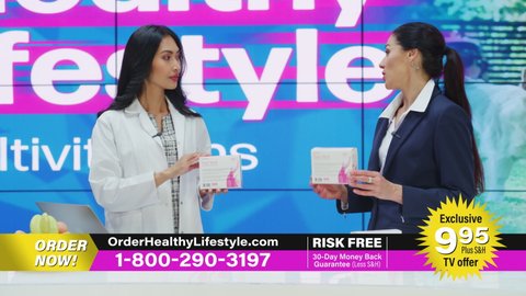 TV Talk Show Beauty Products Infomercial: Female Professionals Host and Expert Doctor Present Best Wellness Products, Health Care Supplements, Cosmetics. Playback Television Commercial Advertisement