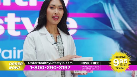 TV Beauty Products Advertisement: Expert Doctor, Professional Beautician Talk, Sell Best Beauty Products, Health Care Supplements, Amazing Cosmetics. Mock-up Television Commercial Ad with Infographics