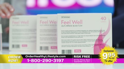 TV Show Product Infomercial: Mock-up Package Box with Health Care Medical Supplements. Showcasing Beauty Dietary Vitamin Products. Playback Television Commercial Advertisement. Static Pack Focus