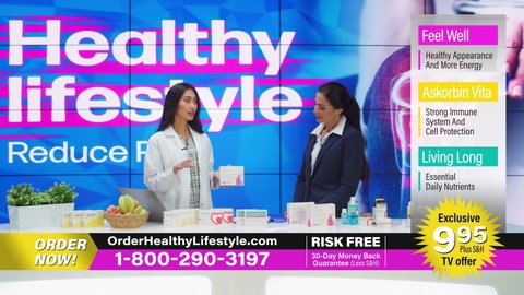 TV Beauty Products Advertisement: Presenter and Expert Doctor Talk, Sell Best Beauty Products, Health Care Supplements, Cosmetics. Mock-up Playback Television Infomercial Commercial Ad, Infographics