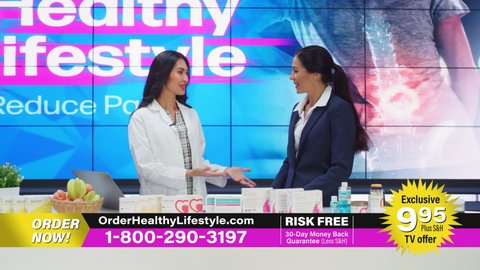 TV Beauty Products Advertisement: Professional Presenter and Expert Doctor Talk, Discuss Best Beauty Products, Health Care Supplements, Selling Amazing Cosmetics. Television Playback Commercial Ad