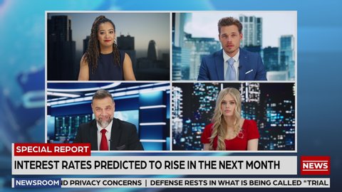 Mock-up Television Channel Live TV News Program. Diverse Team of Multi-Ethnic Anchors Talking, Reporting, Analyzing World Events of the Day. Broadcast Channel Playback. Split Screen Montage Luma Matte