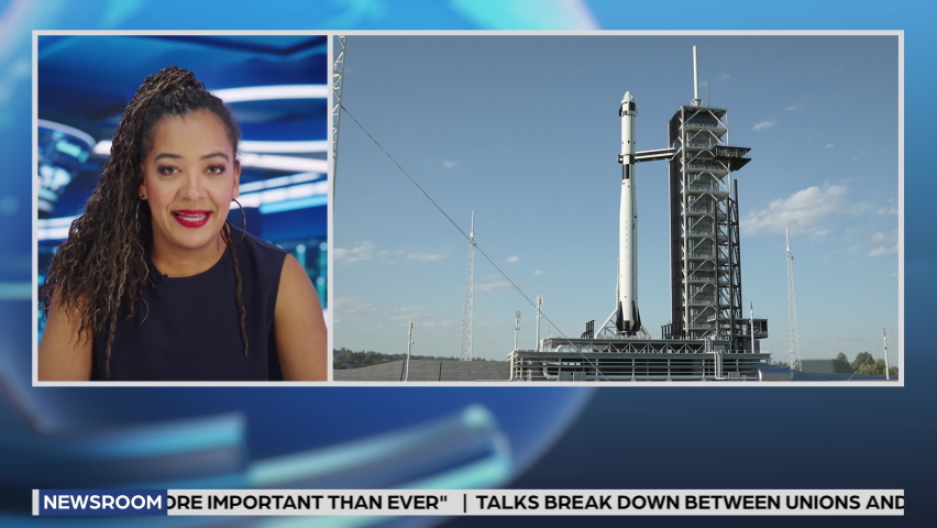 Split Screen TV News Live Report: Anchor Talks. Reportage Montage: Space Travel, Successful Rocket Launch with Astronaut, Control Room Celebrating. Television Program Channel Playback. Luma Matte Royalty-Free Stock Footage #1089262997