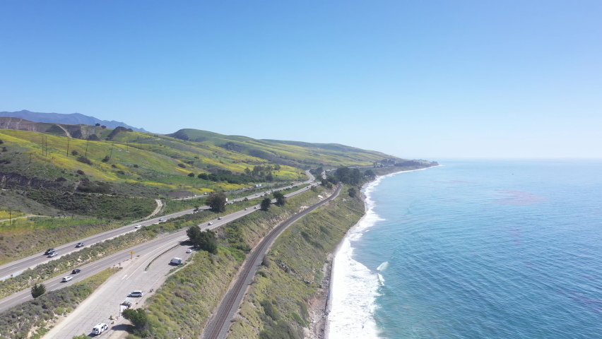 US Highway Route 101 with a seaside view in Southern California - aerial view