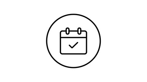 Calendar check line icon add inside circle, check sign, black outline, line icon outline animation, black and white.