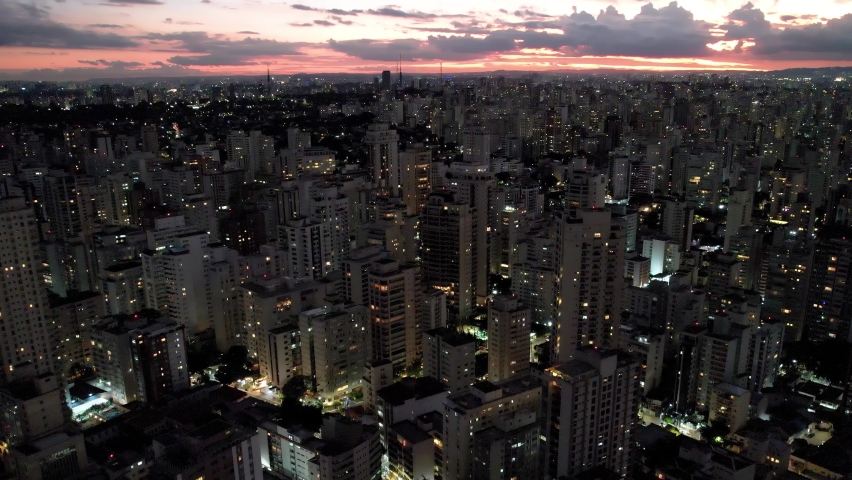 Sao Paulo Brazil. Sunset sky darkness scenery at dowtown district. Night landscape of cityscape scenery. Sunset sky at town of Sao Paulo Brazil. Cityscape of downtown sunset. Sao Paulo Brazil.