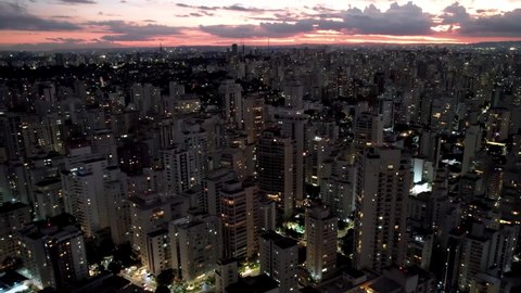 Sao Paulo Brazil. Sunset sky darkness scenery at dowtown district. Night landscape of cityscape scenery. Sunset sky at town of Sao Paulo Brazil. Cityscape of downtown sunset. Sao Paulo Brazil.