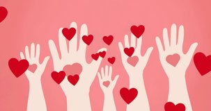 Animation of hearts and hands over pink background. social media and communication concept digitally generated video.
