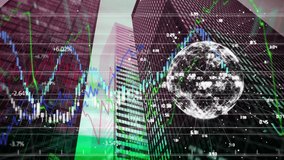 Animation of globe, data and graphs over skyscrapers. global data processing, business and technology concept digitally generated video. - Powered by Shutterstock - Get 15% off with code: PIKWIZARD15