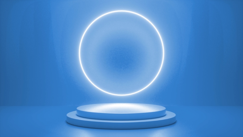 Blue podium with a bright glowing blinking neon circle. Futuristic showcase with platform for product displaying. Empty stage with electric light. Geometric shapes composition. 3d animation loop 4K Royalty-Free Stock Footage #1089273907