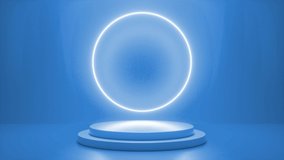 Blue podium with a bright glowing blinking neon circle. Futuristic showcase with platform for product displaying. Empty stage with electric light. Geometric shapes composition. 3d animation loop 4K