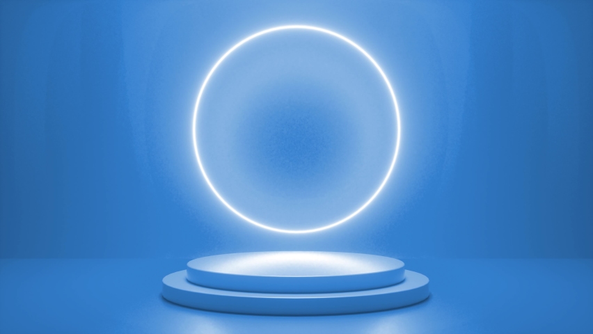 Blue podium with a bright glowing blinking neon circle. Futuristic showcase with platform for product displaying. Empty stage with electric light. Geometric shapes composition. 3d animation loop 4K | Shutterstock HD Video #1089273907