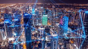 Digital city concept. Aerial Dron Shot of Smart City Skyline with network connections timelapse of city at night time, 5G Data Visualization Technology Futuristic concept social media networking  - Powered by Shutterstock - Get 15% off with code: PIKWIZARD15