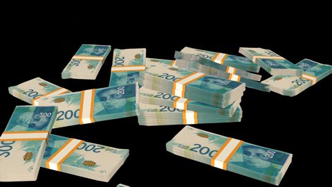Many wads of money falling on transparent background. 200 Israeli Shekel banknotes. Stacks of money. Financial and business concept. Alpha channel.