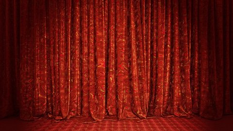 Realistic 3D animation of the stylish and cozy shining fancy textured red stage curtain with red silk carpet floor rendered in UHD with alpha matte 