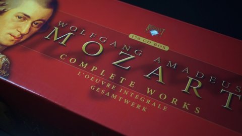 Rome, Italy - April 12, 2022, detail of the box containing the complete musical work by Wolfgang Amadeus Mozart, coplete works, the full oeuvre gesamtwerk, with 170 cd.