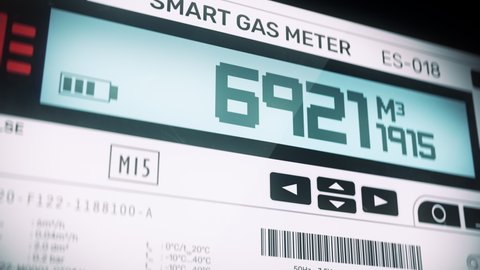 Smart gas meter display showing volume of cubic metres consumed by residence. Digital metric gas meter measuring gas usage