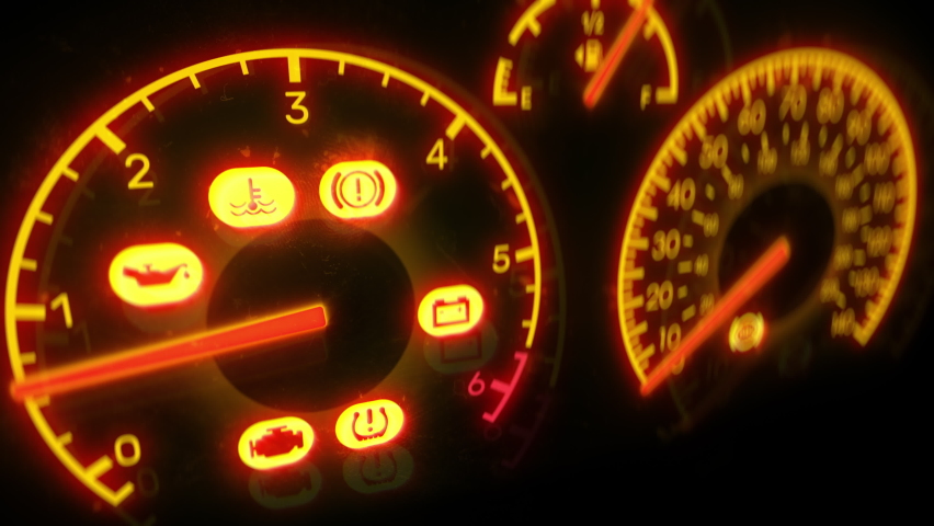 Dashboard warning lights on, car problem, low battery, engine failure, accident. Car maintenance needed, auto repair, loopable video Royalty-Free Stock Footage #1089282495