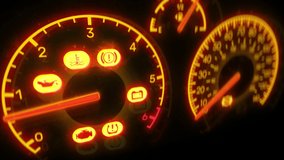 Dashboard warning lights on, car problem, low battery, engine failure, accident. Car maintenance needed, auto repair, loopable video