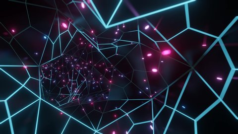 Plexus flying digital data tunnel made of path and particles. 3d technology network background concept for visuals, vj or motion background