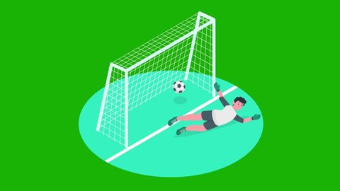 On Soccer Championship Player Kicks the Ball and Goalkeeper Tries to Defend Goals but Jumps and Fails to Catch the Ball. Ball hitting the back of the net on Green Screen Video, Isolated Background