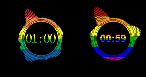 LGBT. 1 minute LGBT countdown. Timer. one minute neon countdown. LCD pixels Texture of LED Display. 1 minute electric neon timer. 1 minute hue countdown. Pride Flag.  Pride colors.