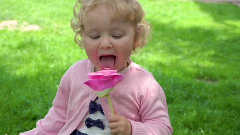 delicious candy lick,on a background of grass a little girl licks candy on a stick